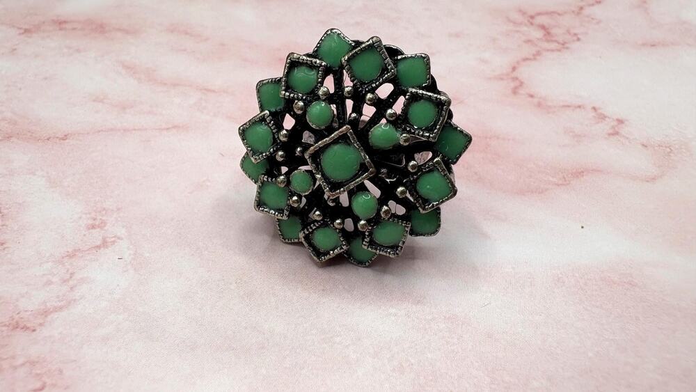 Vintage Mint Green Mandala Cocktail Ring Adjustable Size 6.5 Antiqued Boho